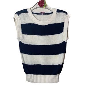 100% COTTON Two-Tone Sweater Vest Striped Cream/Navy